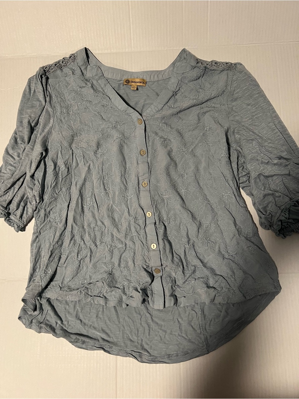 Democracy Slate Blue Lace-Trim Button Down Top